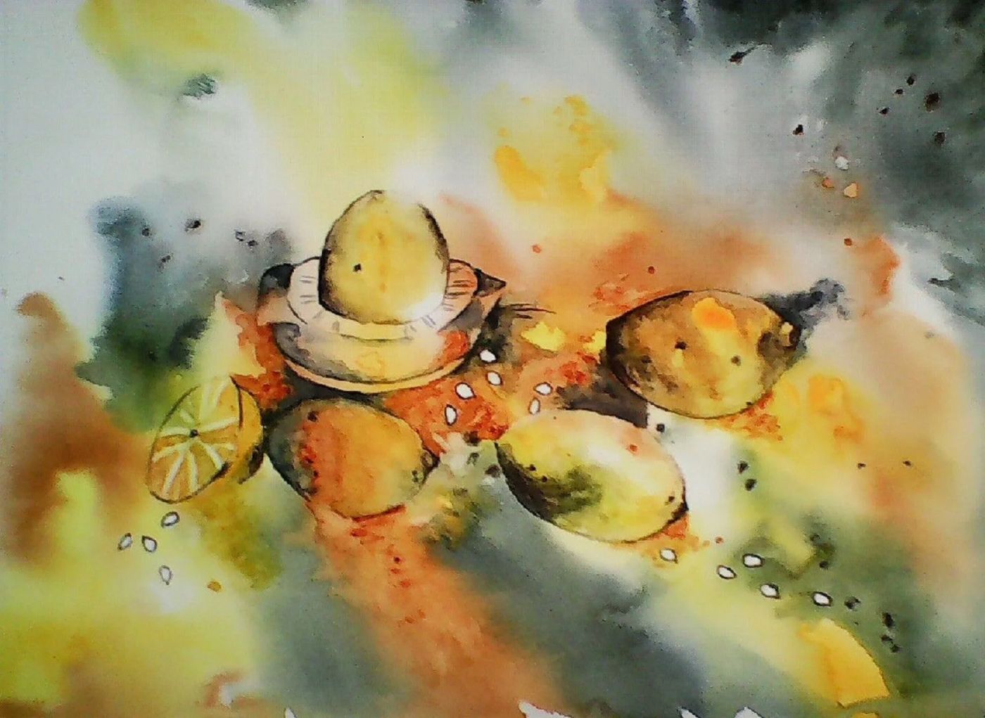 Oresser le citron — Aquarelle, Thérèse Hanot, Art contemporain