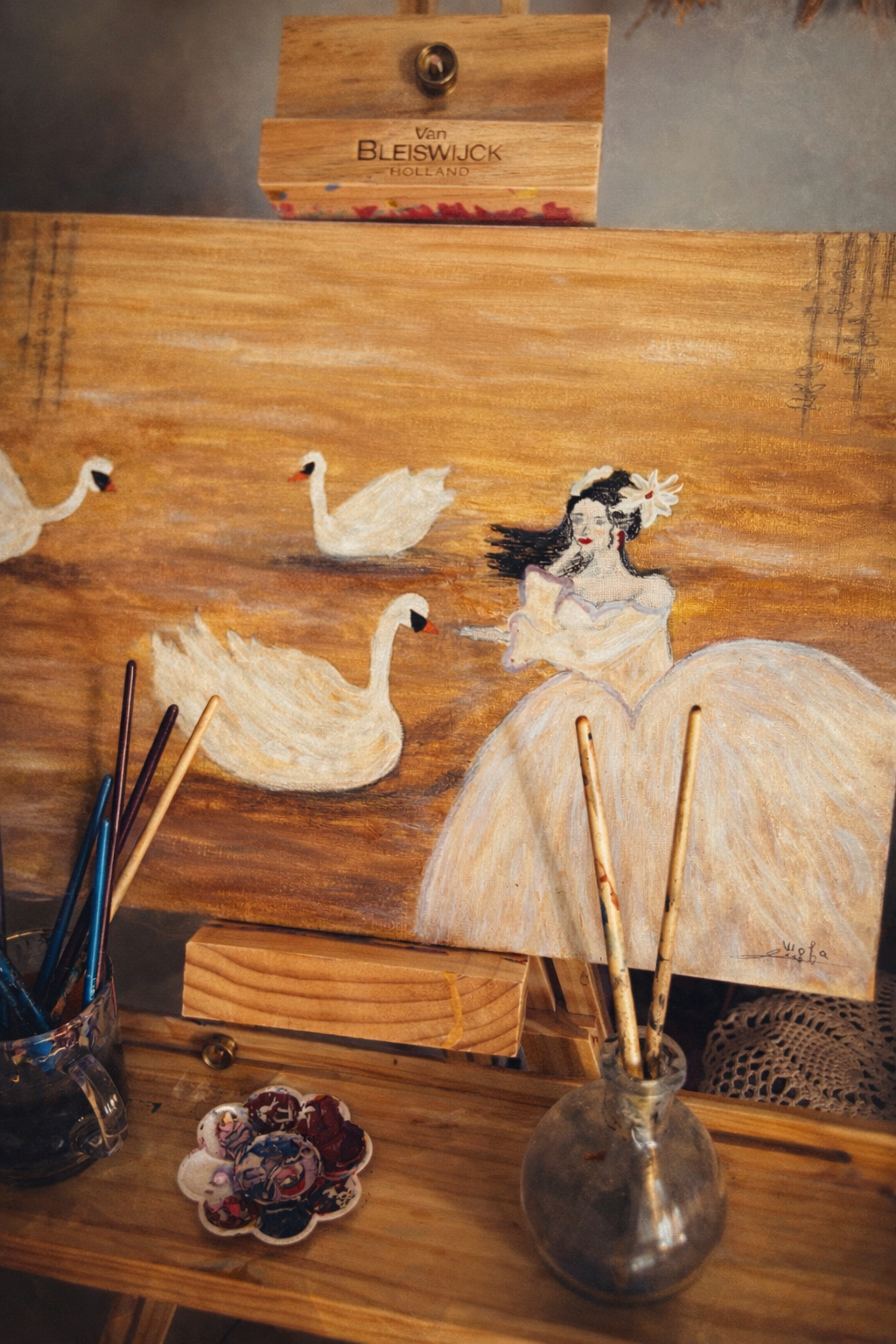 Rêverie au lac doré — Acrylique sur toile — œuvre de Wafa