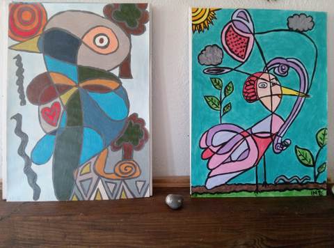 Oiseau et Flamant Rose — Acrylique sur papier, 2026 — œuvre de CubismishArt, art Abstraction, Figuratif, Art contemporain