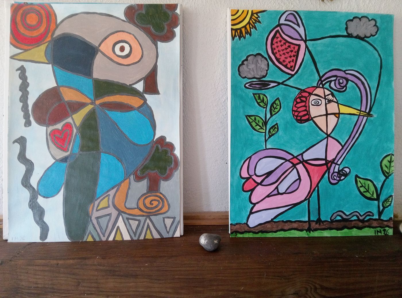 Oiseau et Flamant Rose — Acrylique sur papier, 2026 — work by CubismishArt