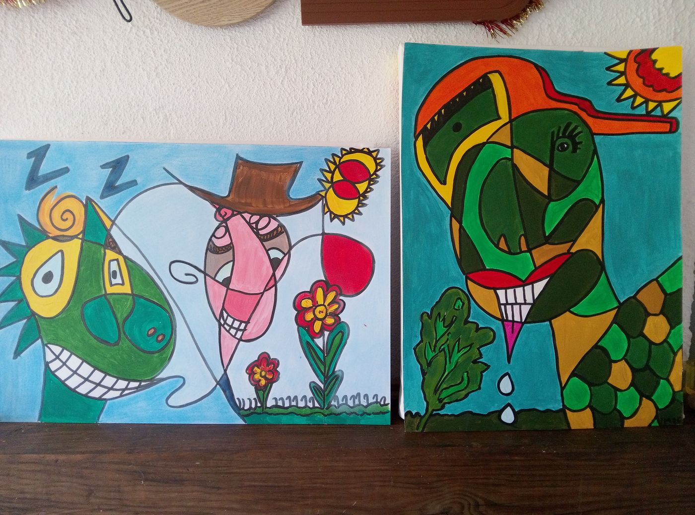 Dinosaure et Tortue — Acrylique sur papier, 2026 — work by CubismishArt