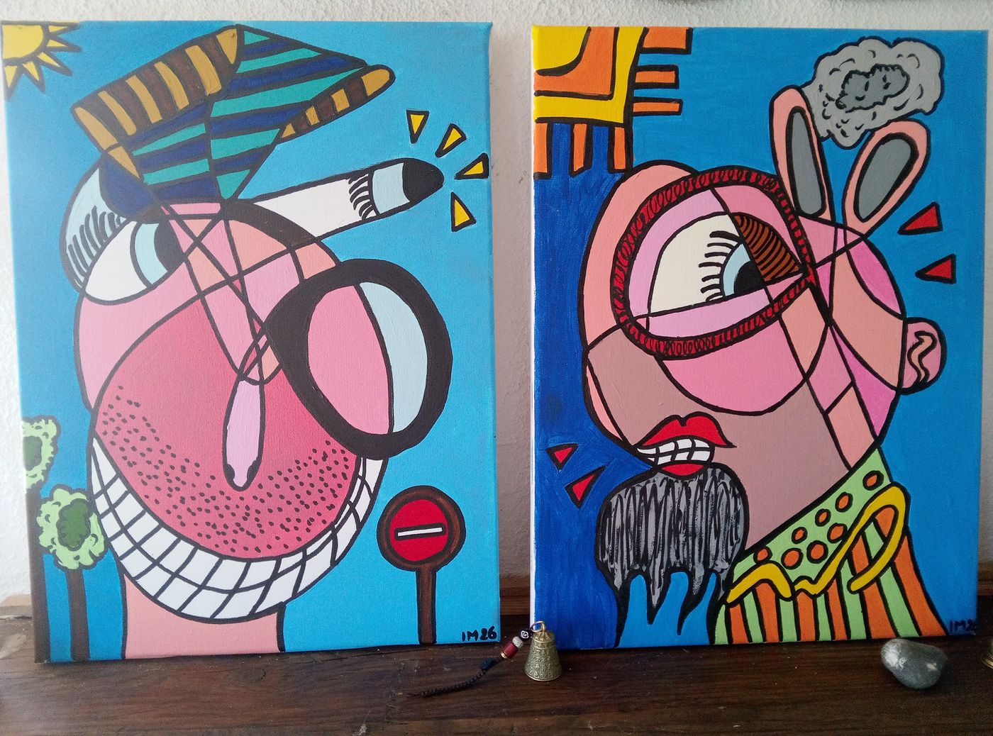 Le Détective et le Lapin à Barbe — Acrylique sur toile, キュビズム風アート, ユニークな芸術