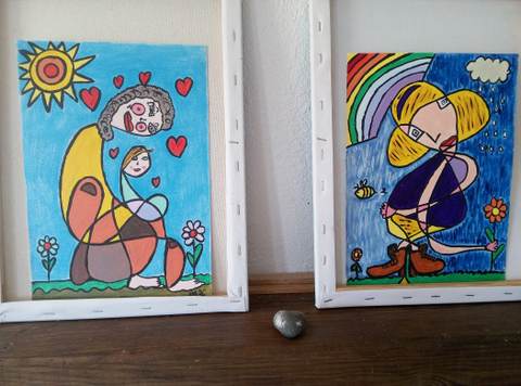 Amour Maternel et Pluie — Acrylique sur papier, 2026 — œuvre de CubismishArt, art Abstraction, Figuratif, Art contemporain