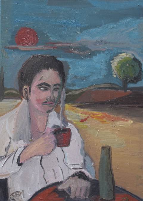 Le café — Huile sur toile, 2025 — œuvre de Jean-Baptiste Moreno, art Expressionisme, fauvisme, art contemporain
